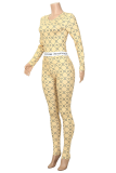 Yellow Casual Print Patchwork O Neck Skinny Jumpsuits