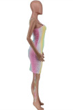 Pink Fashion Sexy Print Draw String Backless Spaghetti Strap Sleeveless Dress