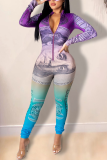 Blue Sexy Print Patchwork Zipper Collar Skinny Jumpsuits