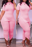 Pink Fashion Casual Solid Slit Beading Turtleneck Short Sleeve Two Pieces