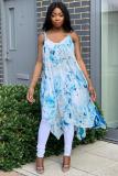 Light Blue Polyester Casual Fashion Spaghetti Strap Sleeveless Slip Step Skirt Mid-Calf split Print asymmetrica