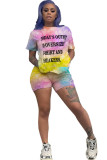 Pink venetian Fashion Casual adult Ma'am Letter Patchwork Print Tie Dye Gradient Two Piece Suits Straight Short Sleeve Two Pieces