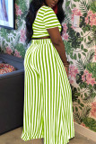 Green Polyester Fashion adult Ma'am Street O Neck Striped Solid Two Piece Suits Stripe Plus Size