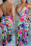 Multi-color Sexy Print Patchwork Halter Boot Cut Jumpsuits