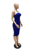 Blue Fashion Sexy Solid Patchwork Fold Square Collar Sling Dress