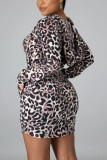 Black Fashion Sexy Print Leopard Basic Turndown Collar Printed Dress