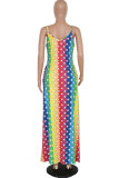 Red Fashion Sexy Spaghetti Strap Sleeveless Slip Pleated Floor-Length Print asymmetrical Patchwork