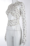 White Sweet Print Hollowed Out Patchwork See-through O Neck Mid Waist Tops