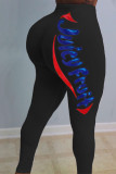 Black Polyester Elastic Fly Mid Print Straight Pants Bottoms