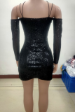 Black Sexy Solid Sequins V Neck Wrapped Skirt Dresses