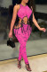 Rose Red Fashion Sexy Casual Print Hollowed Out Strap Design O Neck Skinny Jumpsuits