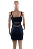 Black Fashion Sexy Plus Size Solid Split Joint See-through Slit Square Collar Sling Dress