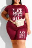 Black Casual Print Letter O Neck Plus Size Two Pieces