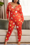 Red Sexy Living Polyester Knitting Character Print Buttons U Neck Plus Size