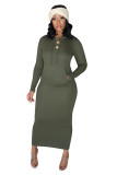 Black Fashion Casual adult Cap Sleeve Long Sleeves O neck Step Skirt Mid-Calf Patchwork Solid