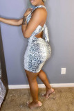 White Fashion Sexy Print Hollowed Out Backless Strap Design Sleeveless Dress