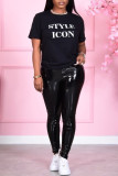 Black Fashion Casual Letter Print Basic O Neck Tops