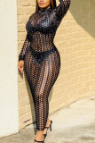 Rose Gold Fashion Sexy Adult Solid See-through O Neck Long Sleeve Ankle Length One-piece Suits Dresses
