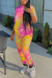 Yellow Elegant Tie Dye O Neck Half Sleeve Two Pieces