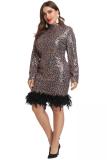 Yellow Polyester Fashion adult Sexy O Neck Zippered Patchwork Sequin Leopard Print Feathers