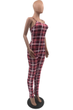 Pink Casual Plaid Draw String Spaghetti Strap Skinny Jumpsuits