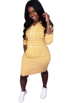 Yellow Polyester Fashion Casual adult Ma'am Red Black Pink Yellow Cap Sleeve 3/4 Length Sleeves Hooded Step Skirt Knee-Length Striped Dresses