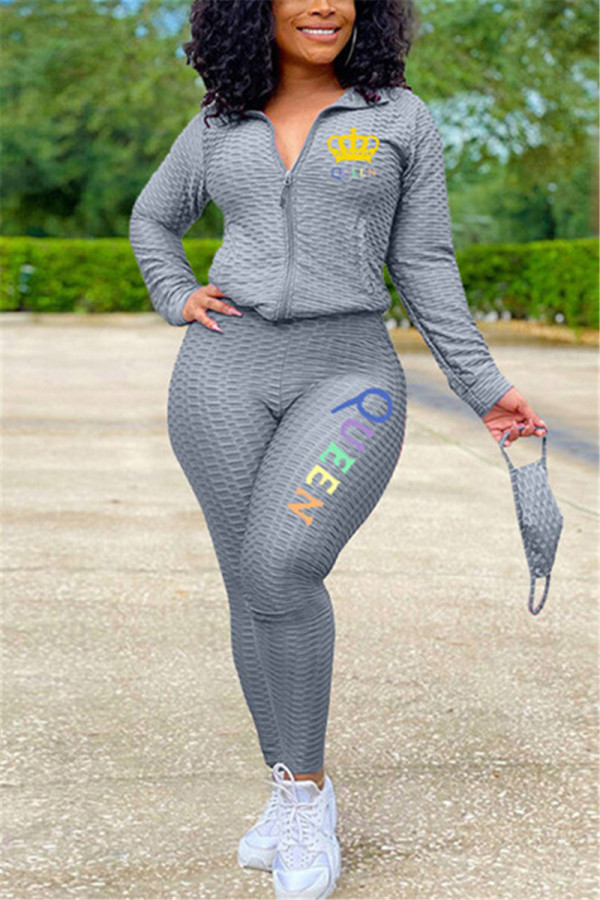 Grey Fashion Casual Print Letter Hooded Collar Long Sleeve Two Pieces（With Mask)