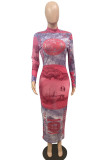 Red Polyester Spandex Print O Neck Long Sleeve Ankle Length Pencil Skirt Dresses