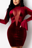 Wine Red Elegant Solid Split Joint O Neck Pencil Skirt Dresses