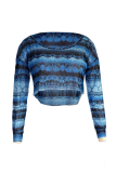 Blue Polyester O Neck Long Sleeve Patchwork crop top Mesh Tees & T-shirts