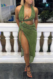 Blue Fashion Sexy Solid Hollowed Out Backless Slit Halter Sleeveless Dress