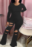 Blue Fashion Sexy Hole Solid Polyester Long Sleeve O Neck Jumpsuits