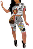 White Fashion Casual adult Patchwork Print Two Piece Suits pencil Short Sleeve Two Pieces