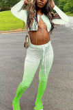 Fluorescent green Fashion Casual adult Ma'am Print Gradient Two Piece Suits pencil Long Sleeve Two Pieces