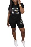 Black Polyester Fashion Active adult Letter Patchwork Print Two Piece Suits Straight Short Sleeve Two Pieces