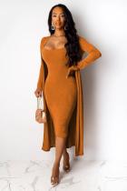 Orange Polyester adult Casual Fashion Two Piece Suits Solid A-line skirt Long Sleeve Two-Piece Dress