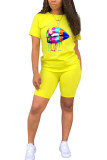 Yellow Fashion Active Print Two Piece Suits pencil Short Sleeve Two Pieces