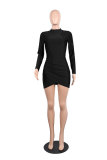 Black Polyester Long Sleeve Mid Solid Hip skirt shorts