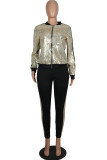 Gold Polyester Fashion Active adult Patchwork Sequin Gradient Two Piece Suits pencil Long Sleeve Two Pieces