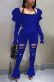 Red Fashion Sexy Solid Ripped Hollowed Out Square Collar Long Sleeve Two Pieces