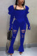 Blue Fashion Sexy Solid Ripped Hollowed Out Square Collar Long Sleeve Two Pieces