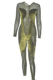 Red Fashion Sexy Patchwork Solid See-through O Neck Skinny Jumpsuits