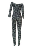 Grey Sexy Casual Print Lips Printed Camouflage Print Off the Shoulder Regular Jumpsuits
