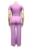 Light Purple Fashion adult Sexy O Neck Solid Two Piece Suits Bandage