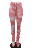 Pink Fashion Casual Print Tie Dye Fold Skinny Mid Waist Trousers
