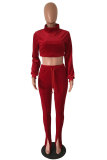 Red Polyester Drawstring Long Sleeve Mid Solid Pants Two-piece suit