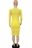Yellow Fashion Sexy Adult Milk Fiber Solid Split Joint O Neck Long Sleeve Regular Sleeve Two Pieces