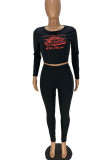 Black Fashion Sweet Adult Polyester Print Split Joint O Neck Long Sleeve Regular Sleeve Short Two Pieces