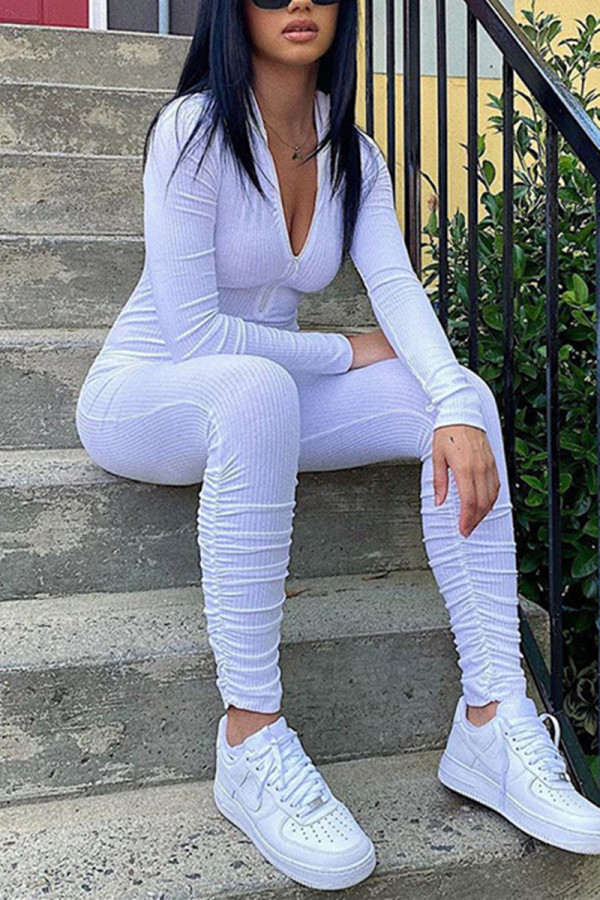 White Fashion Casual Solid Basic Zipper Collar Skinny Jumpsuits