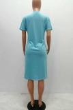 Light Blue Casual Fashion Cap Sleeve Short Sleeves V Neck Straight Knee-Length Solid Print